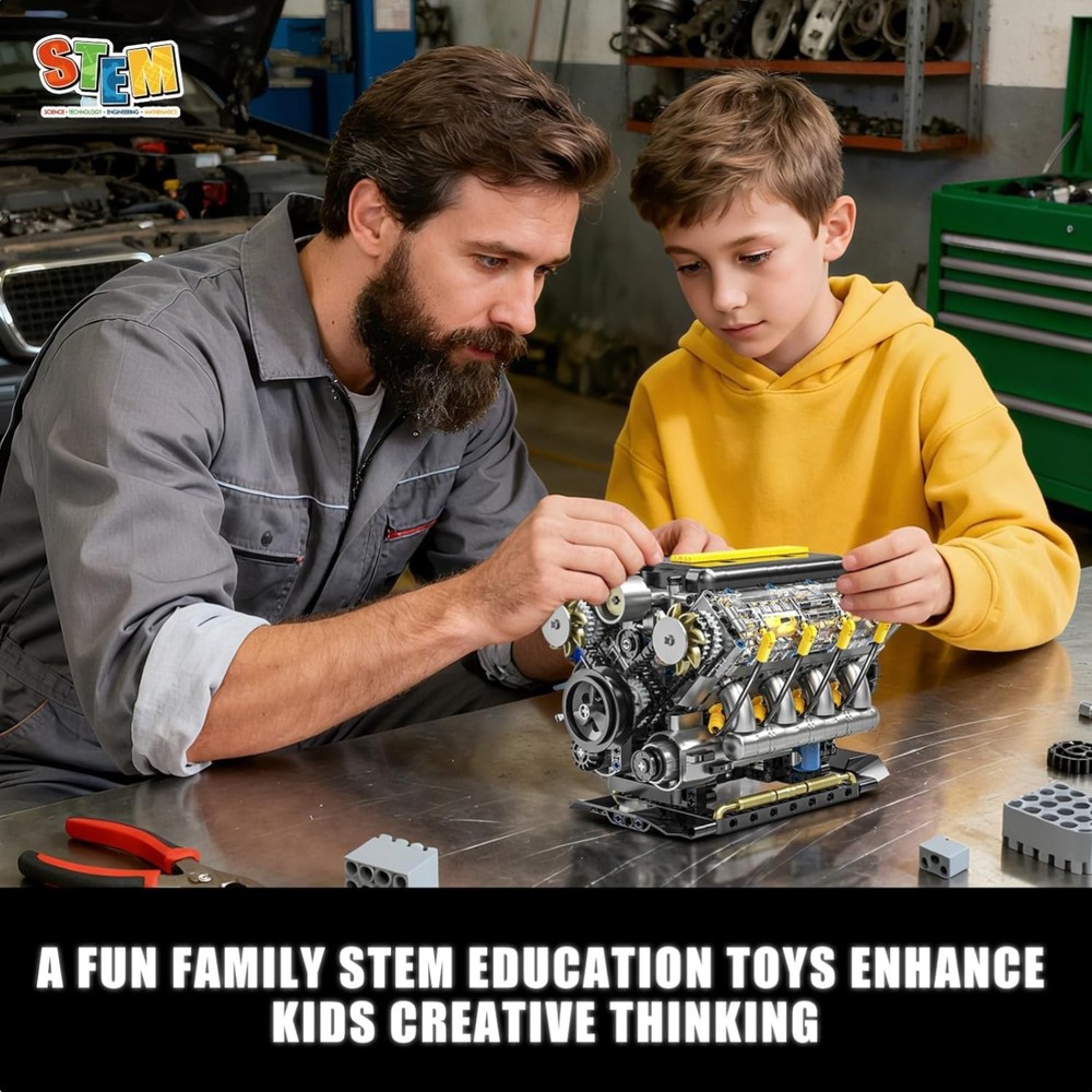 V8 Engine Model Kit – 905 PCS USB Rechargeable STEM Educational Toy for Ages 14+