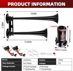 Dual 2-Trumpet Metal Air Horn for Truck Kit with 2 Air Compressors,12V 150Db Ult