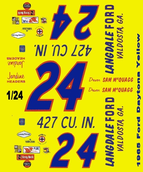 #24 Sam McQuagg Langdale Ford 1965 1/25th – 1/24th Scale Waterslide Decals