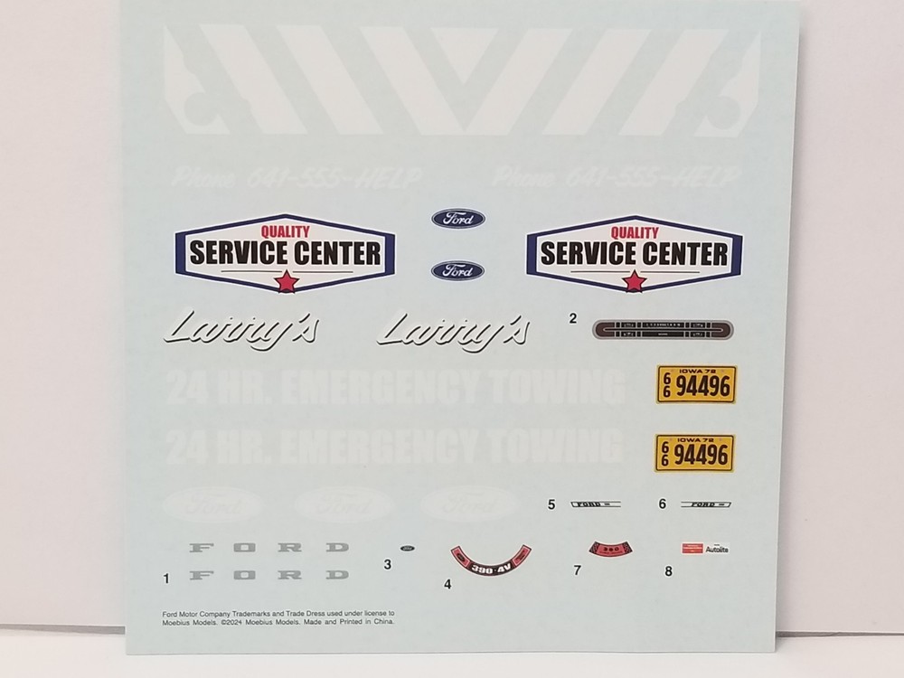 1972 FORD F350 Tow Truck DECAL SHEET from Moebius 1:25 Model Kit 72 DECALS