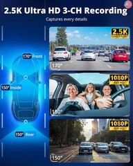 Dash Cam Front and Rear Inside, 3-Channel 2.5K FHD Dash Camera for Cars with 2″