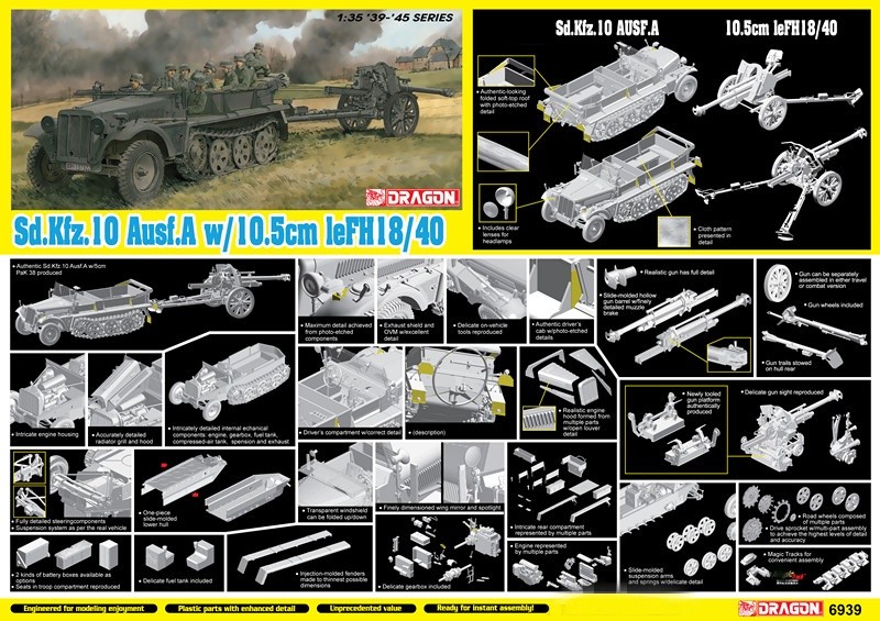 DRAGON 6939 Sd.Kfz/10 Ausf.A w/10.5cm leFH18/40 Model