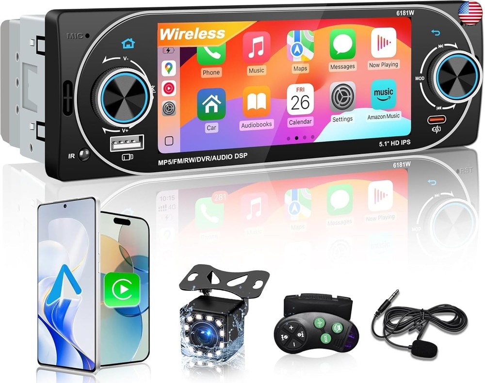 5.1″ Single Din Car Stereo Wireless Apple CarPlay Android Auto, IPS Touchscreen