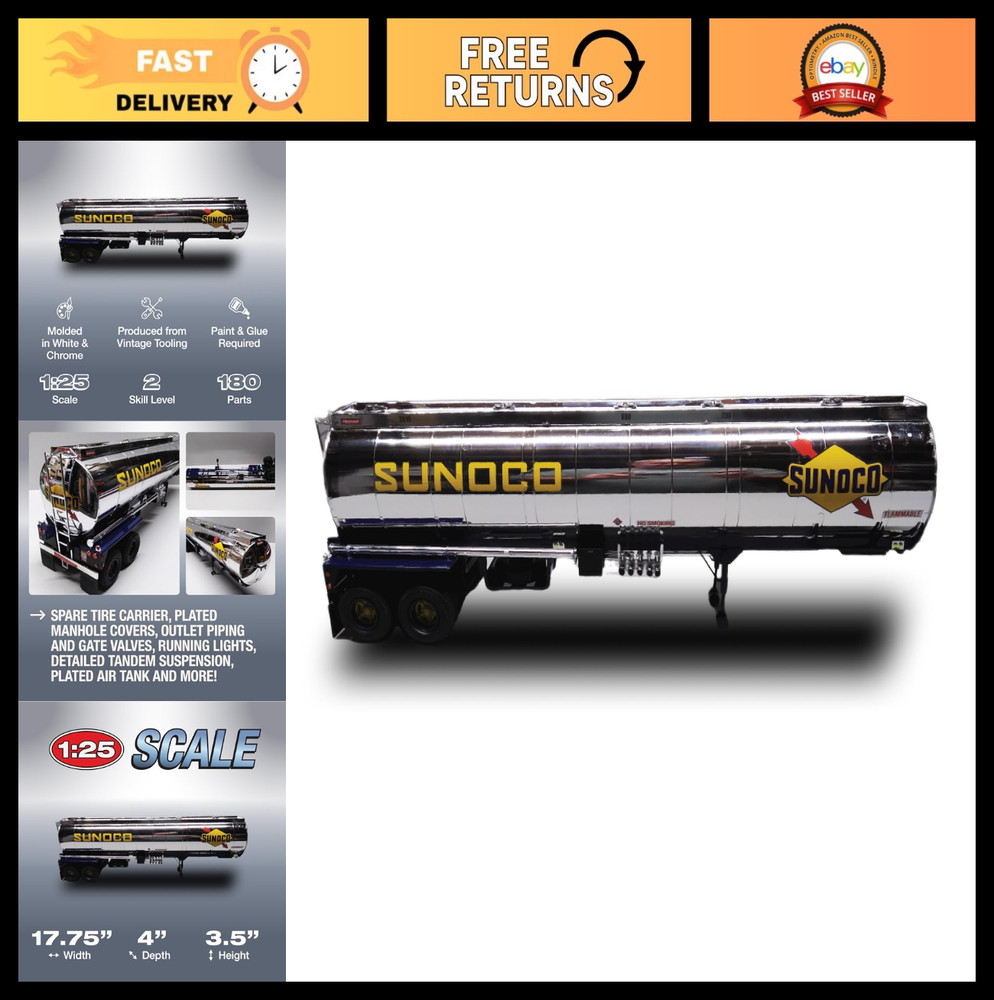 1:25 Scale Model Kit – Plated Tanker Trailer, Sunoco Design, Detailed Assembly