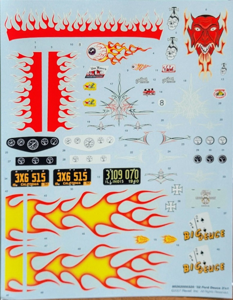 Revell 1/8 big deuce 3in1 Decals For Kit-2620 New Yellow & Red Flames