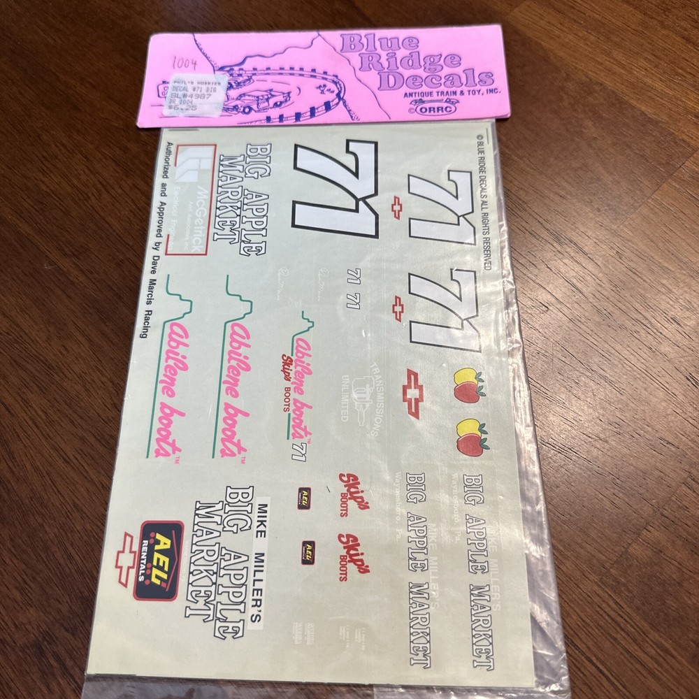 Blue Ridge Decals 1004 1/25 Scale #71 Big Apple Market/Abilene Boots NASCAR