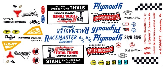 STILES & STAHL RACEMASTER SPECIAL Plymouth NHRA Drag 1/24th – 1/25th Scale Decal