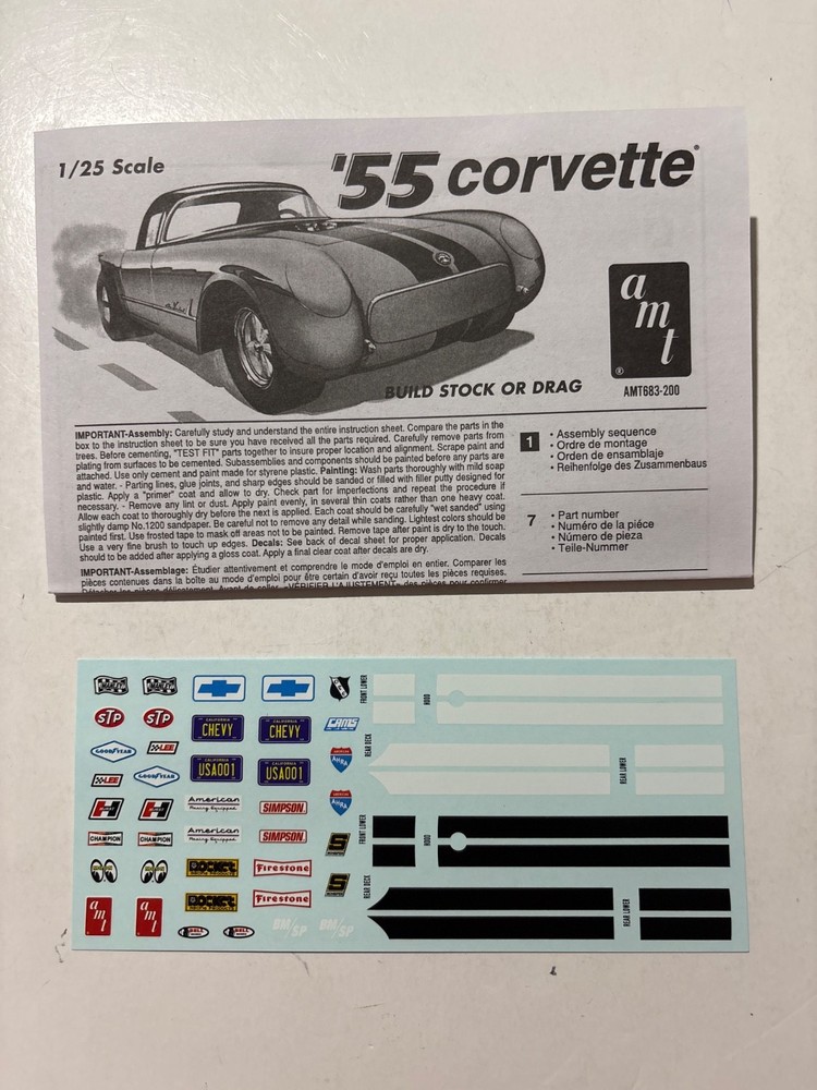 Model Car Parts – AMT 1955 Chevy Corvette Instructions & Decals ONLY 1/25