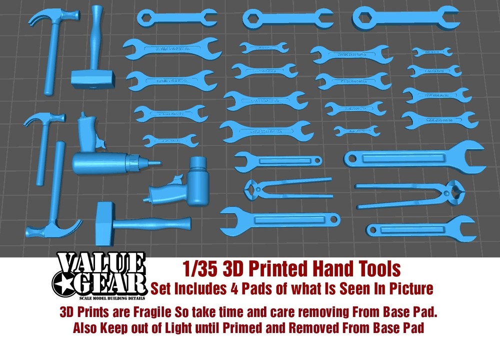 1/35 Scale – 3d Printed Hand Tools – Value Gear 3D (4 Pads of Picture)