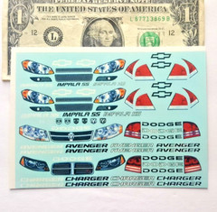 1/24 CLEAR Waterslide Decals NASCAR CHEVY IMPALA, DODGE CHARGER Headlights Grill