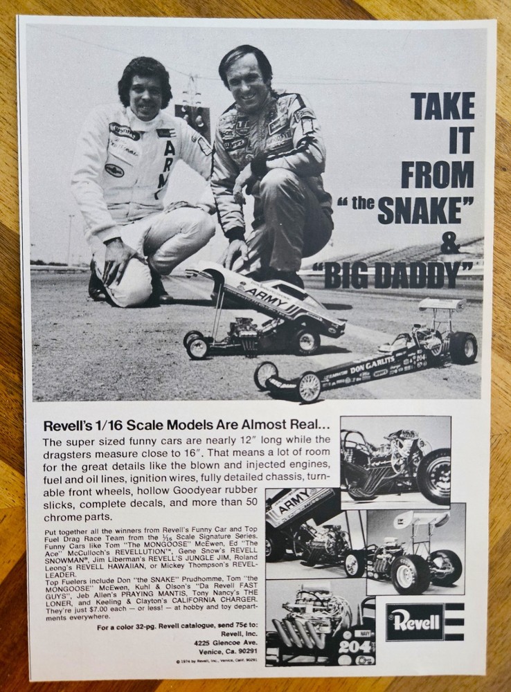 VINTAGE 1974 REVELL DON PRUDHOMME FUNNY CAR / DON GARLITS DRAGSTER ADVERTISEMENT