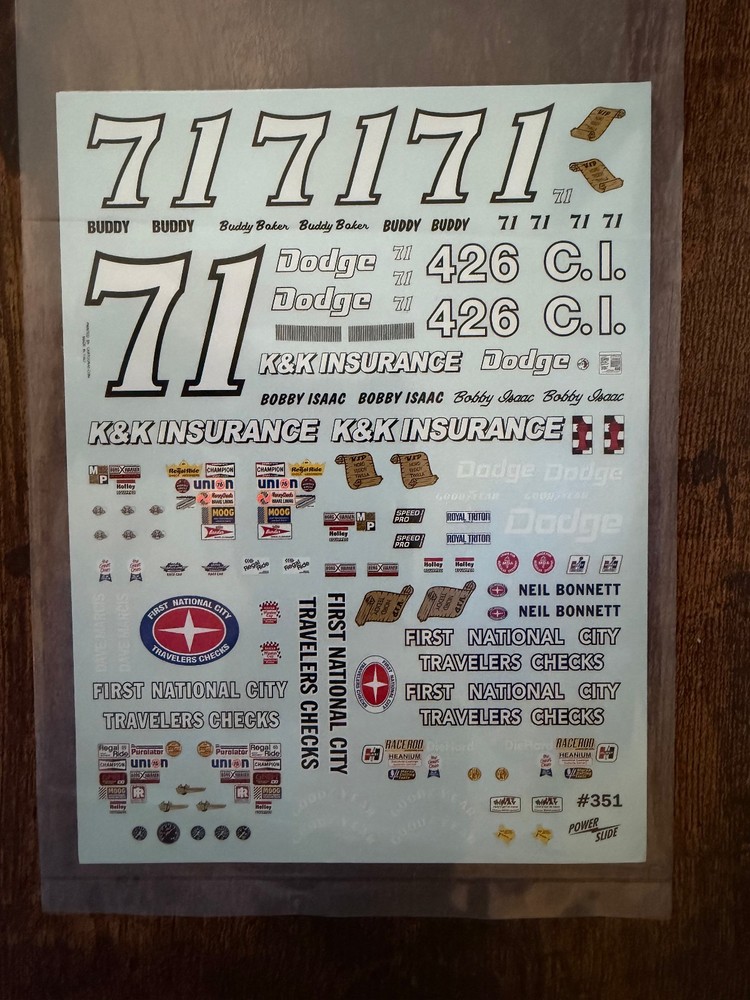 1/25 POWERSLIDE #71 K&K INSURANCE BAKER/BONNETT/MARCIS DODGE 71-77 NASCAR DECAL