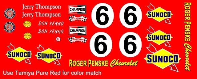 #6 Roger Penske Chevrolet Sunoco Corvette 1967 1/24th – 1/25th Scale Decals