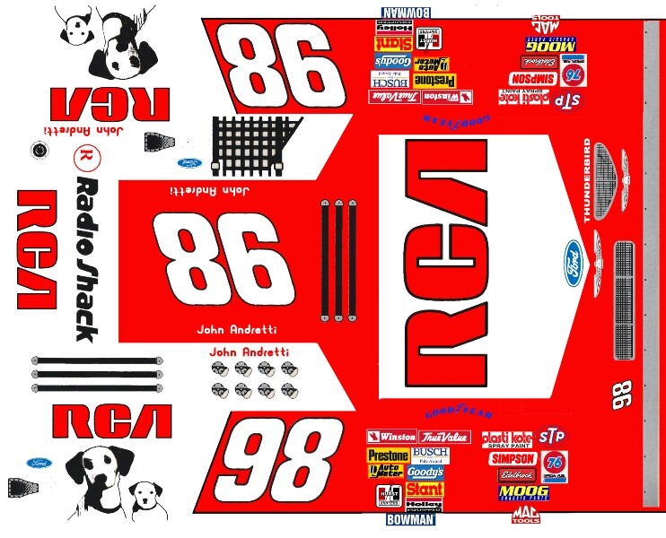 #98 John Andretti RCA TBIRD / Fusion 1/24th – 1/25th Scale Decals