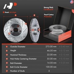 A-Premium 10.83 inch (275mm) Front Drilled and Slotted Disc Brake Rotors +