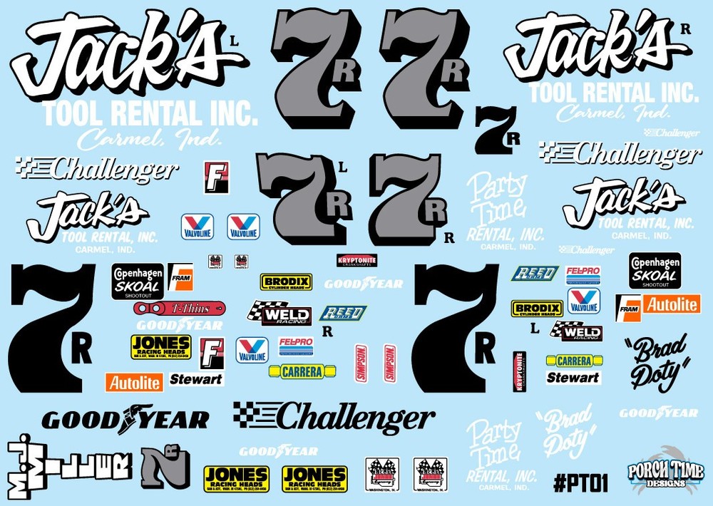 1/24 scale #7R “Party Time” Jack’s Tool Rental Sprint car water-slide decals