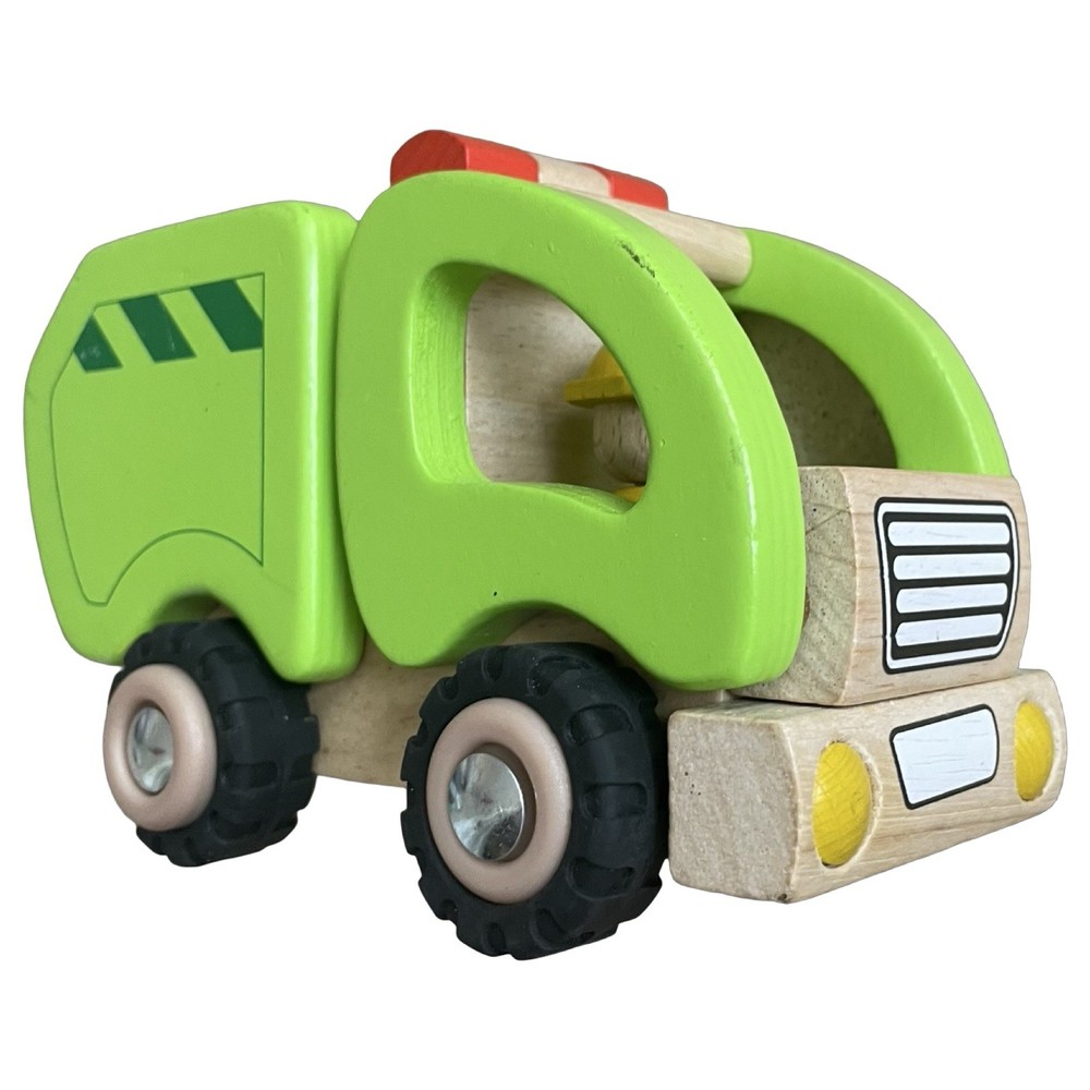 Goki Green Garbage Truck 55964 Wooden Toy Germany Rubber Wheels Toy Truck