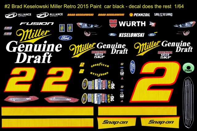 #2 Brad Keselowski Genuine Draft 2015 1/64th HO Scale Slot Car Waterslide Decals