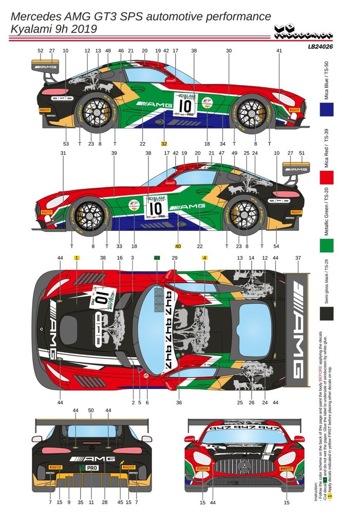 LB Production 1/24 Mercedes AMG GT3 SPS Automotive Kyalami 9H 2019 Decal LB24026