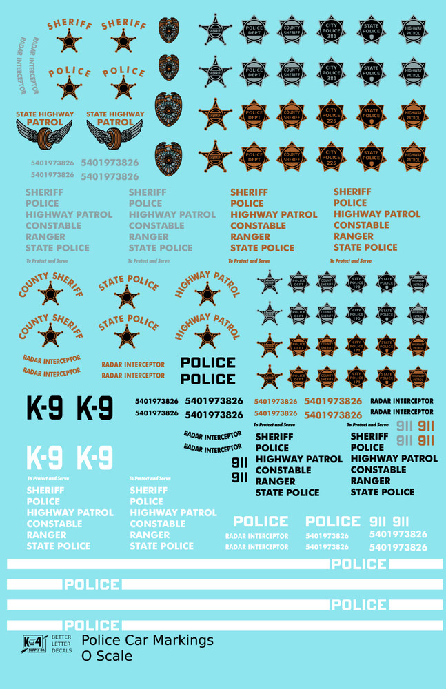 K4 O 1:48 Scale Decals Police Car Markings Gold, Silver Black and White
