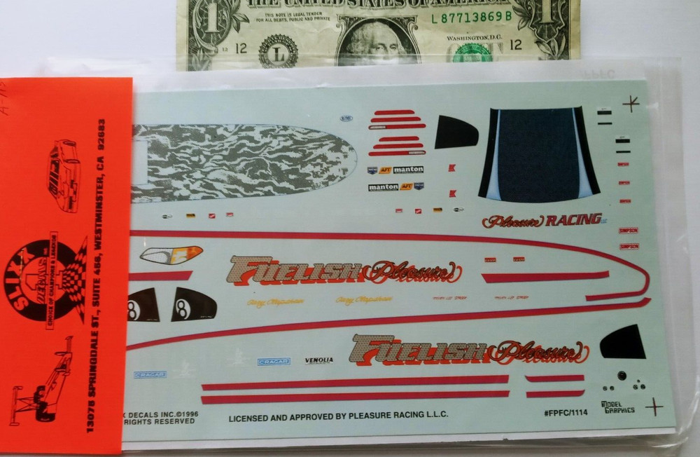 SLIXX 1/24 Water Slide Decals NASCAR NHRA FUNNY CAR FUELISH Pleasure A115 *BH*