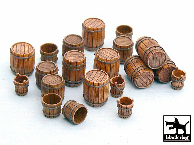 Black Dog 1/48 Drums, Wooden Barrels & Buckets Accessories Set (20 pcs.) T48016