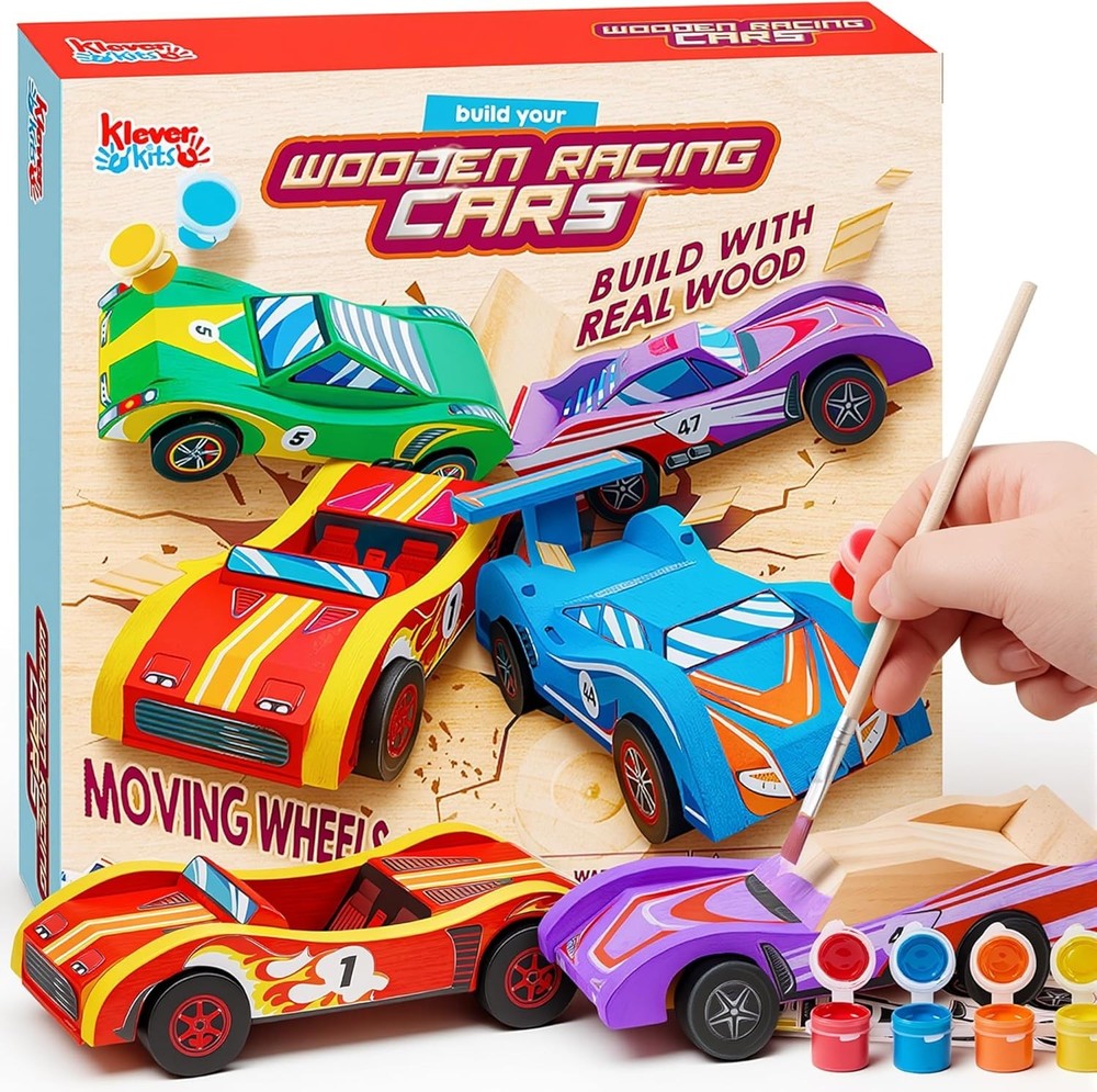 Creative Kids Craft Kit: Build & Paint 4 Wooden Race Cars – Non-Toxic & Safe!