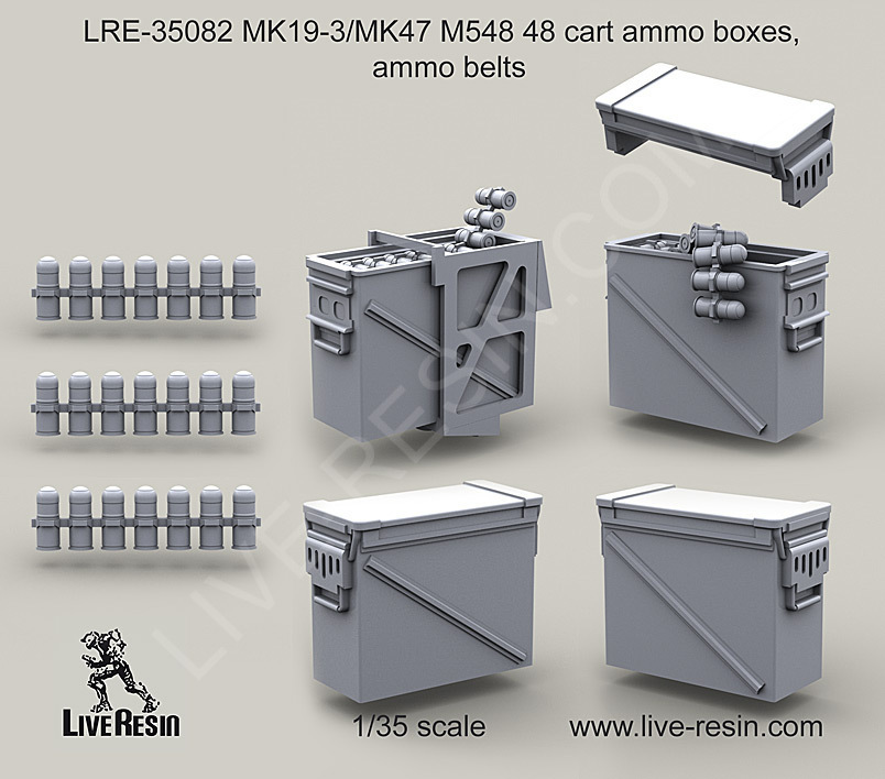 Live Resin 1/35 LRE-35082 MK19-3/MK47 M548 48 Cart Ammo Boxes, Ammo Belts