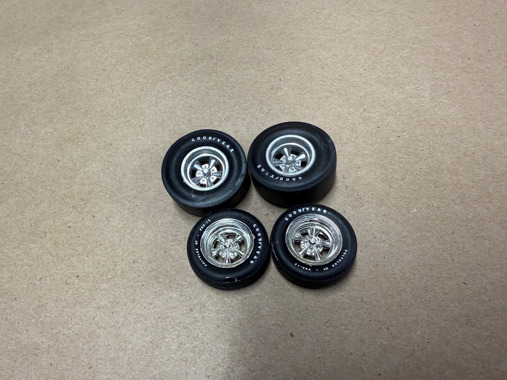 Pad Printed Blue Line Goodyear SLICKS& Polyglass 5 Spoke MAGS Rim 1/25 Scale SET