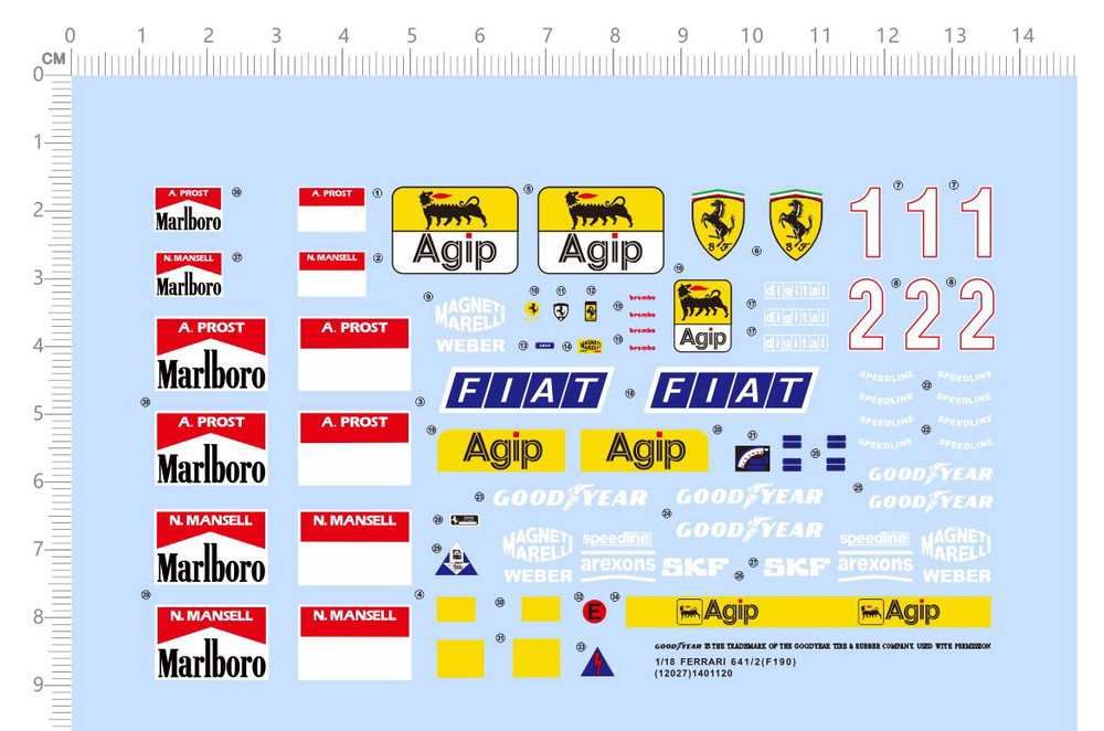 1/18 Water Slide Decals for FERRARI 641 F190 fiat agip 65392H