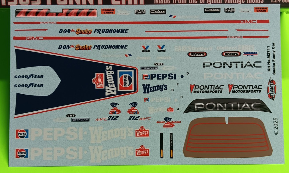 1985 Pontiac Trans Am 1/24 Prudhomme Funny Car Decal Sheet Snake Pepsi Wendys
