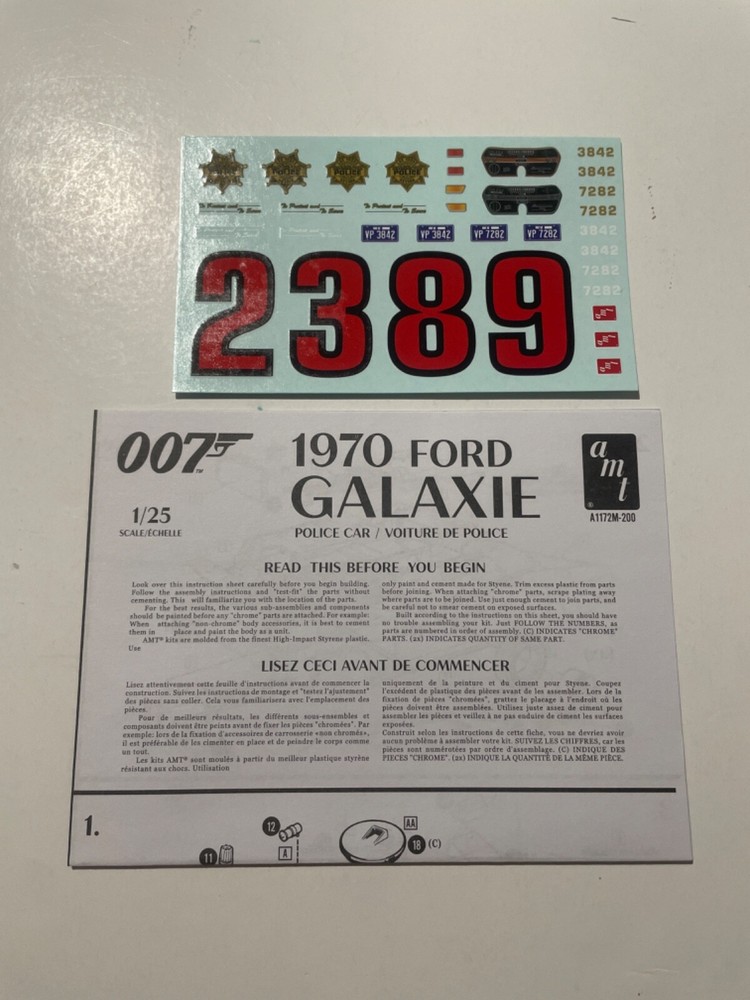 Model Car Parts – AMT 1970 Ford Galaxie junkyard 1/25 instructions & decals