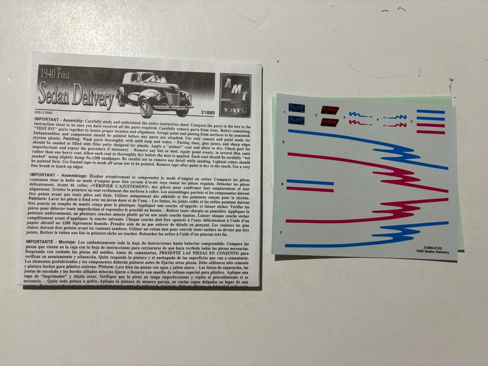 Model Car Parts – AMT 1940 Ford Sedan Delivery Instructions & Decals ONLY 1/25