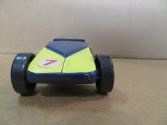 PINEWOOD DERBY CAR sleek Handmade blue and yellow painted wood BSA race VTG