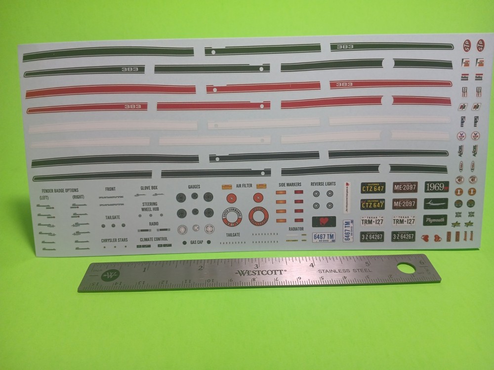 Decal Sheet 69 1969 Plymouth Barracuda MPC 1/25 Red White Stripes Dash Gauges