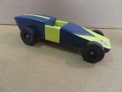 PINEWOOD DERBY CAR sleek Handmade blue and yellow painted wood BSA race VTG