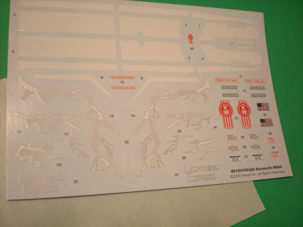 Kenworth W900 Rig Semi 1/25 Truck Waterslide Decal Sheet White Lightning Bolt