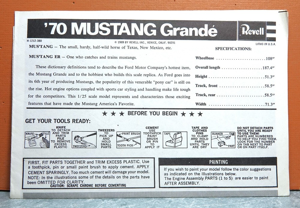 1/25 REVELL ’70 MUSTANG GRANDE # H-1212-380 (INSTRUCTIONS ONLY)