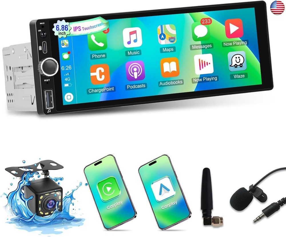 Single Din Touchscreen Car Stereo with Wireless Carplay and Android Auto – 6.86