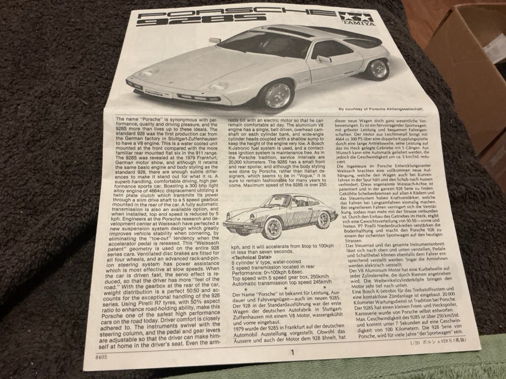Porsche 928s Model Kit Parts Instructions Only