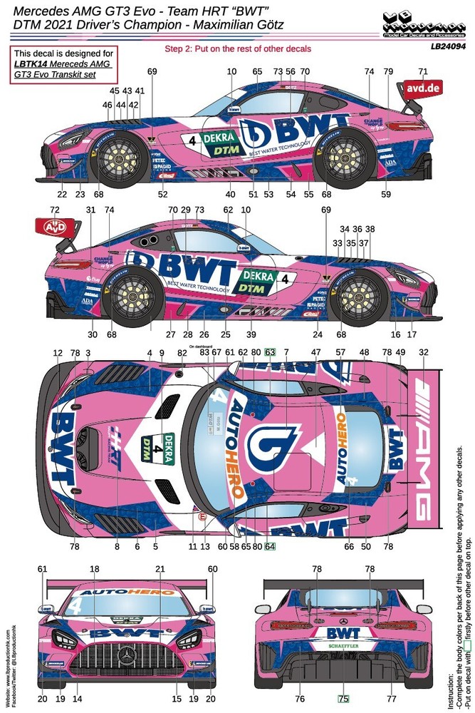 LB Production 1/24 Merc AMG GT3 Evo Team HRT “BWT” DTM 2021 M.Götz Decal LB24094