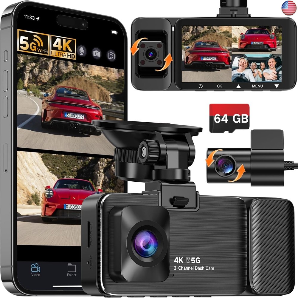 WECOOL 4K UHD 3 Channel Dash Cam Front and Rear Inside, Free 64GB Card