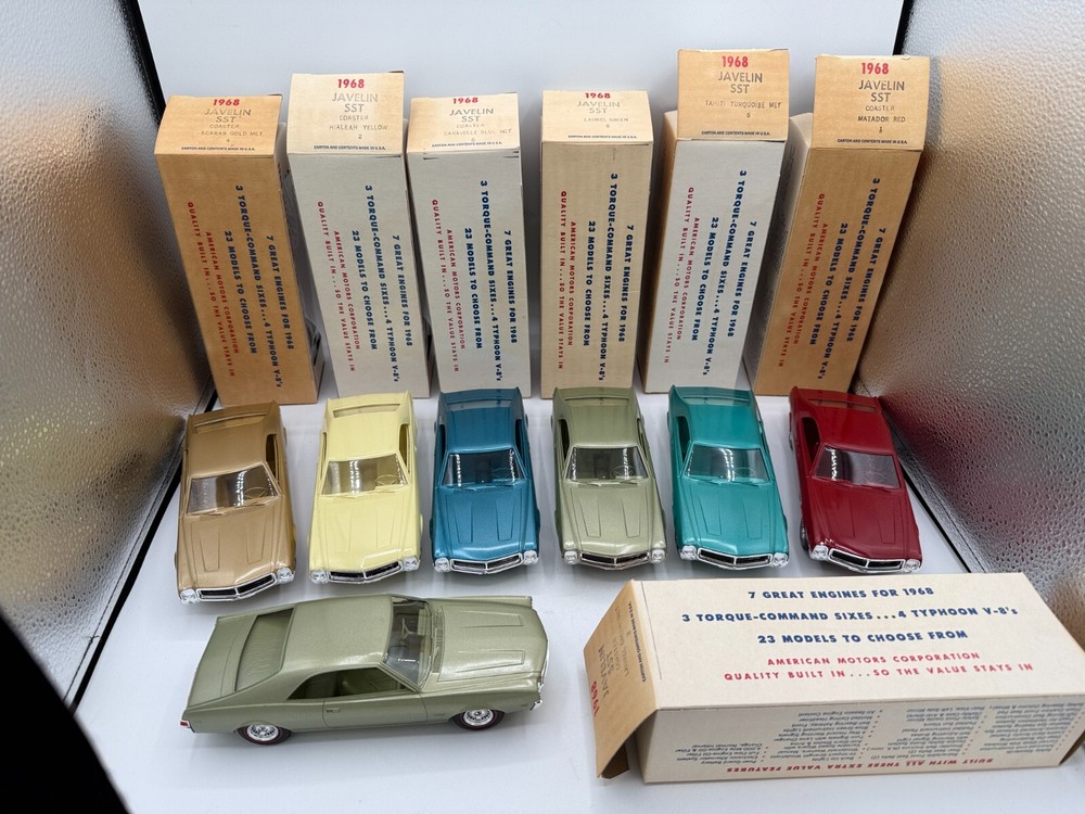 7 NOS Johan 1968 AMC Javelin SST Dealer Promo Cars w/ Original Boxes & CASE BOX