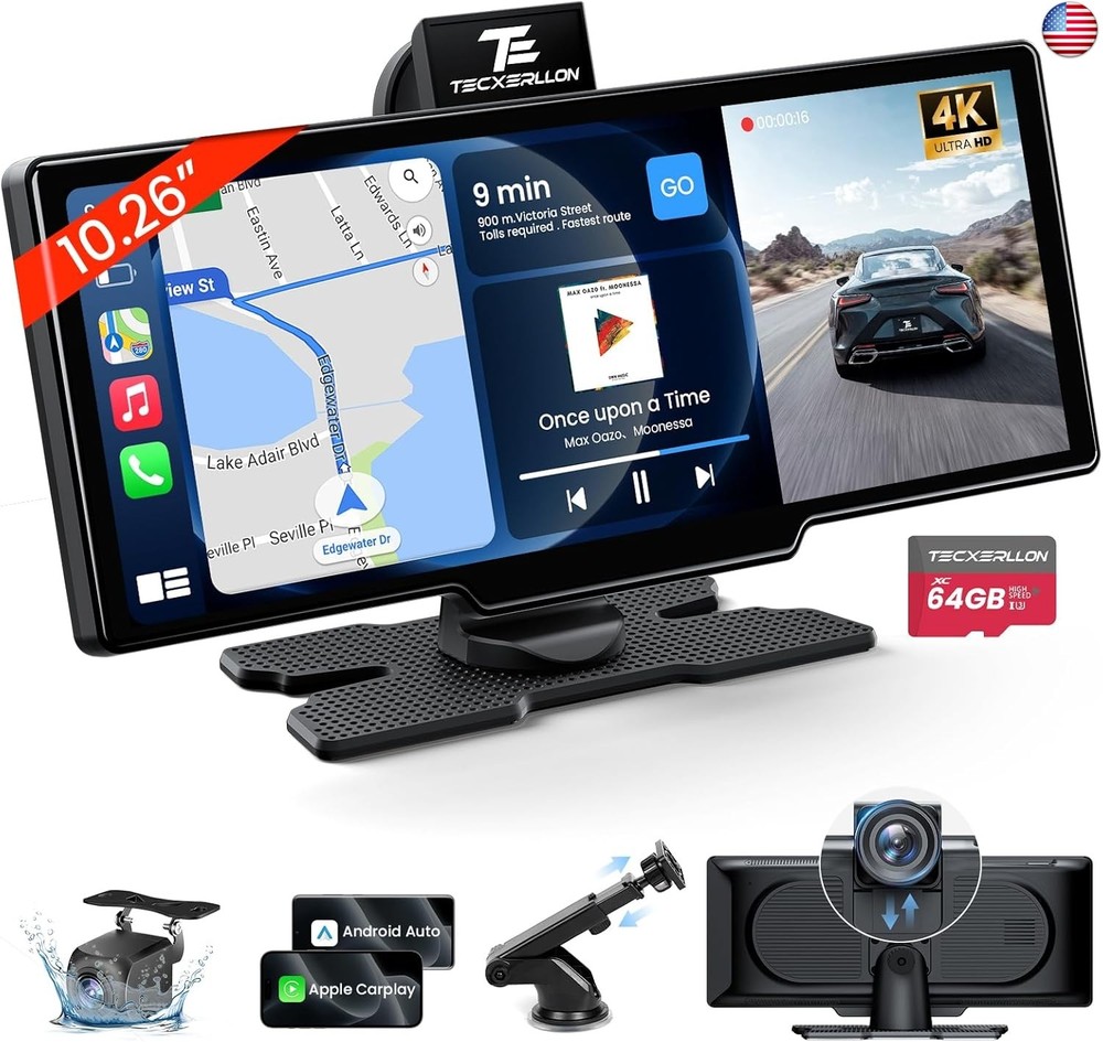 10.26” Portable Apple CarPlay Screen for Car with 4K Dash Cam & 1080P HD