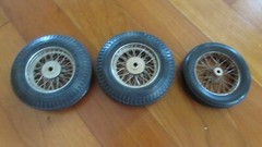Vintage 3 wire spoke wheels and tires 1 front 3 3/4 ” diameter 2 rear 4 1/8″dia