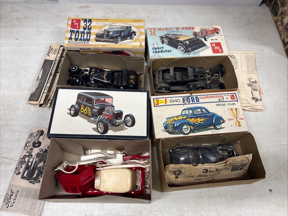 Lot Of 4 Built Started Parts Vintage Model Car Kits FORD With Boxes Lot#042