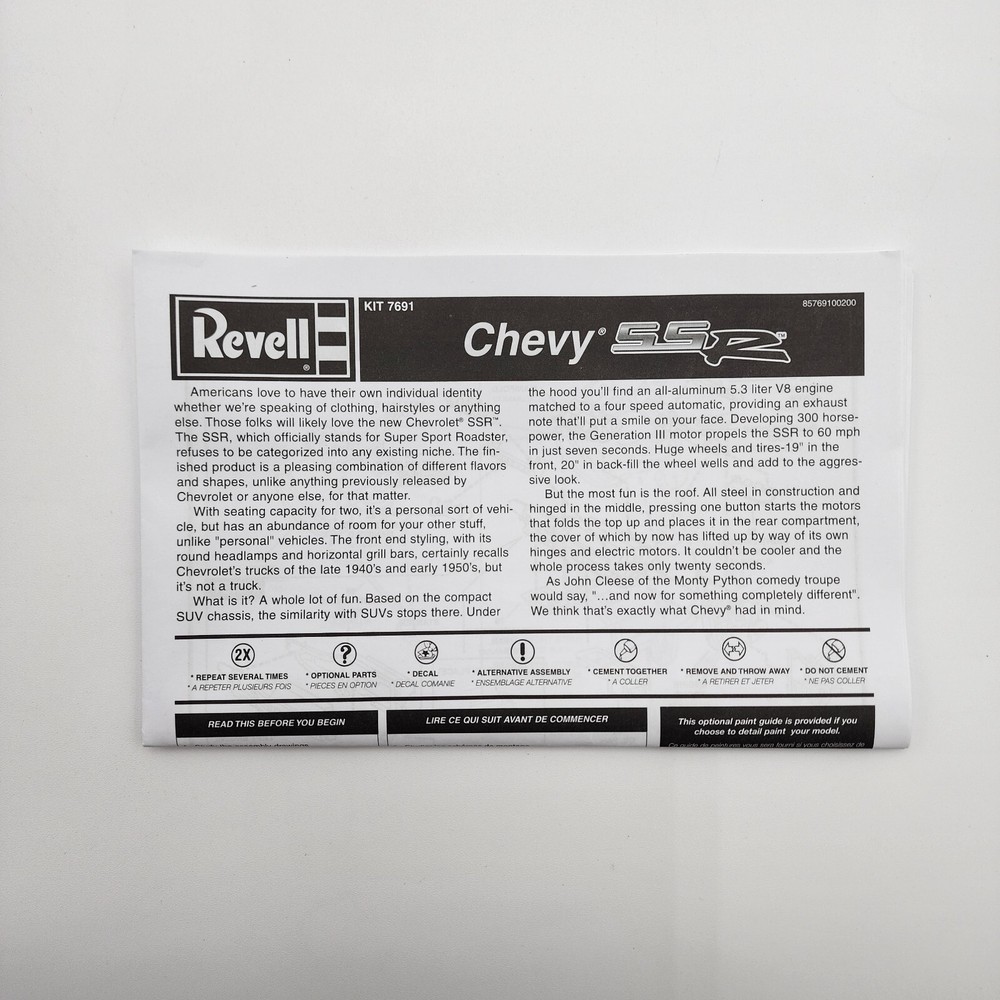Revell 1/25 Chevy SSR Pickup 85-7206 Parts Kit Bash Instructions Directions