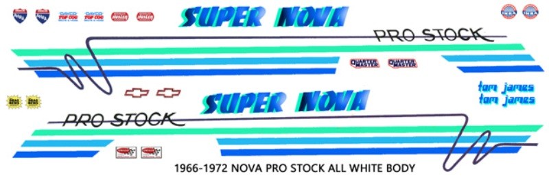 1966 – 72 SUPER Nova Pro Stock Drag 1/18th Scale Waterslide Decals