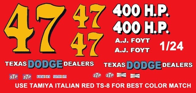 #47 AJ Foyt Texas Dodge Dealers 1964 1/24th Scale Nascar Waterslide Decals