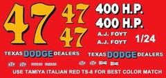 #47 AJ Foyt Texas Dodge Dealers 1964 1/24th Scale Nascar Waterslide Decals
